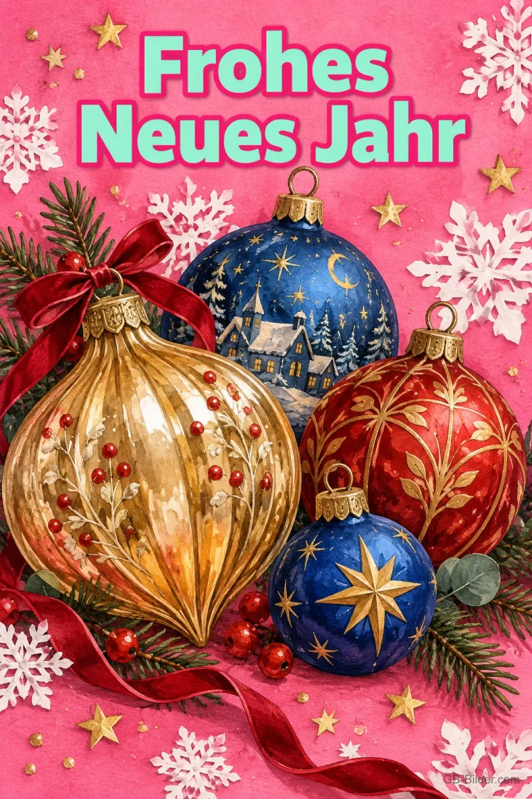 Bunte Weihnachtskugeln mit Schleife und Schneeflocken auf Rosa, Text: Frohes Neues Jahr