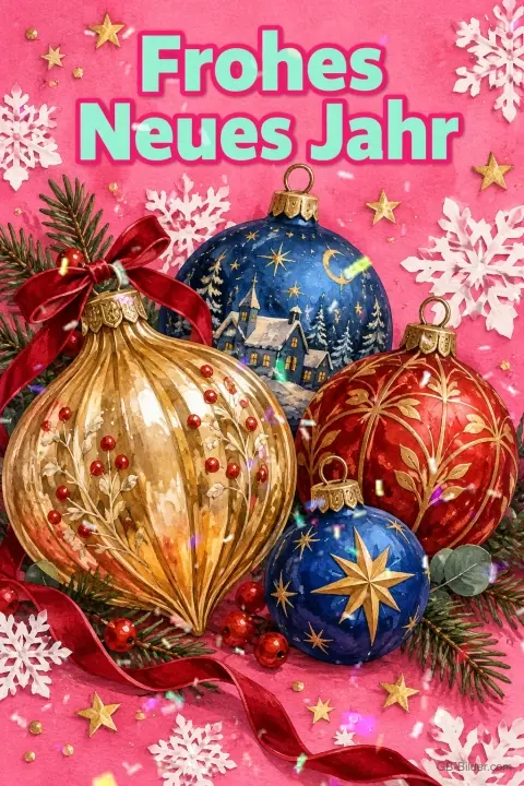 Bunte Weihnachtskugeln mit Schleife und Schneeflocken auf Rosa, Text: Frohes Neues Jahr Bunte Weihnachtskugeln mit Schleife und Schneeflocken auf Rosa, Text: Frohes Neues Jahr