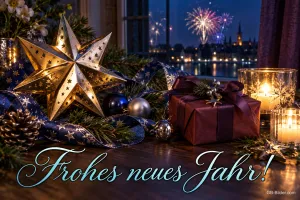 Goldener Stern, Geschenk und Windlichter vor Feuerwerk, Text: Frohes neues Jahr!