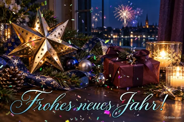 Goldener Stern, Geschenk und Windlichter vor Feuerwerk, Text: Frohes neues Jahr! Goldener Stern, Geschenk und Windlichter vor Feuerwerk, Text: Frohes neues Jahr!