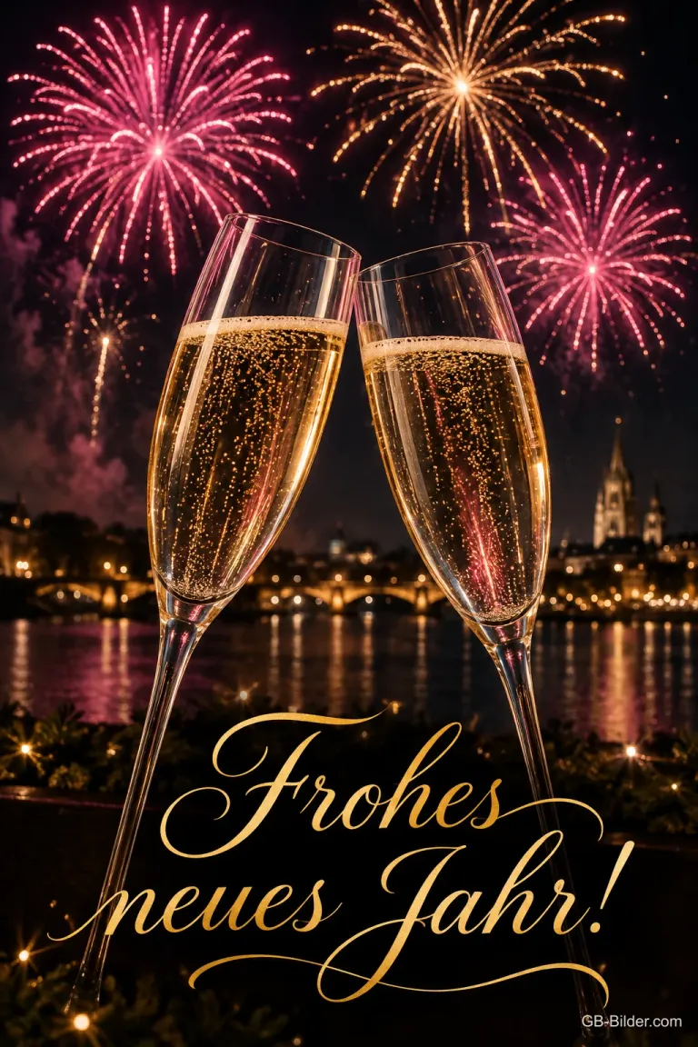 Zwei Sektgläser vor Feuerwerk über einer Stadt, Text: Frohes – neues Jahr!