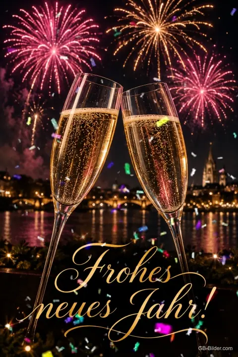 Zwei Sektgläser vor Feuerwerk über einer Stadt, Text: Frohes – neues Jahr! Zwei Sektgläser vor Feuerwerk über einer Stadt, Text: Frohes – neues Jahr!