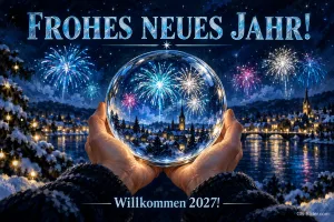 Hände halten eine Glaskugel mit Feuerwerk über einer Stadt, Text: FROHES NEUES JAHR! – Willkommen 2027!