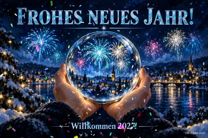 Hände halten eine Glaskugel mit Feuerwerk über einer Stadt, Text: FROHES NEUES JAHR! – Willkommen 2027!