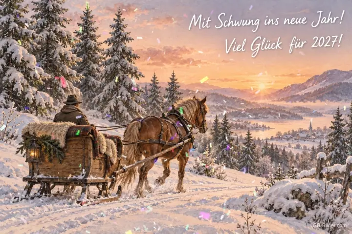 Pferdeschlitten auf einem verschneiten Weg im Morgenlicht, Text: Mit Schwung ins neue Jahr! Viel Glück für 2027! Pferdeschlitten auf einem verschneiten Weg im Morgenlicht, Text: Mit Schwung ins neue Jahr! Viel Glück für 2027!