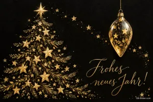 Tannenbaum aus goldenen Sternen und goldene Kugel auf Schwarz, Text: Frohes – neues Jahr!
