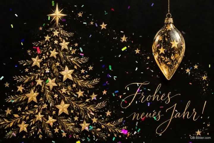 Tannenbaum aus goldenen Sternen und goldene Kugel auf Schwarz, Text: Frohes – neues Jahr! Tannenbaum aus goldenen Sternen und goldene Kugel auf Schwarz, Text: Frohes – neues Jahr!