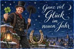 Schornsteinfeger mit Kleeblatt und Hufeisen auf einem verschneiten Dach, Text: Ganz viel Glück – im neuen Jahr