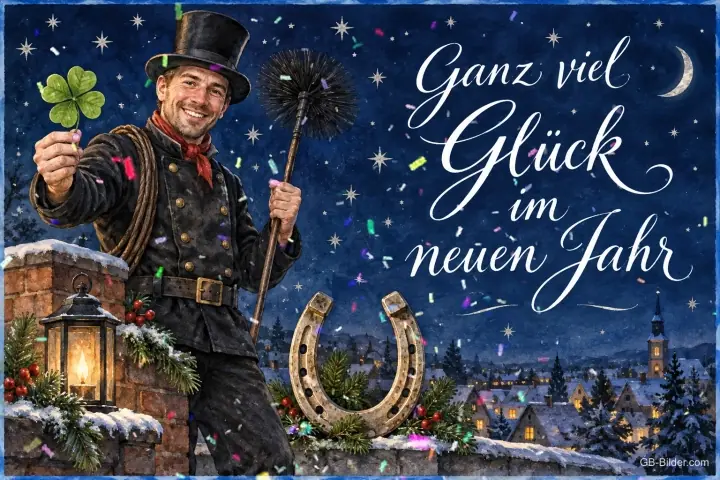 Schornsteinfeger mit Kleeblatt und Hufeisen auf einem verschneiten Dach, Text: Ganz viel Glück – im neuen Jahr Schornsteinfeger mit Kleeblatt und Hufeisen auf einem verschneiten Dach, Text: Ganz viel Glück – im neuen Jahr