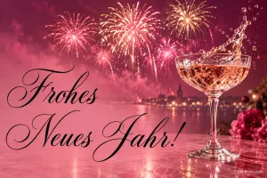 Sektschale vor rosa Feuerwerk über einer Stadt, Text: Frohes – Neues Jahr!