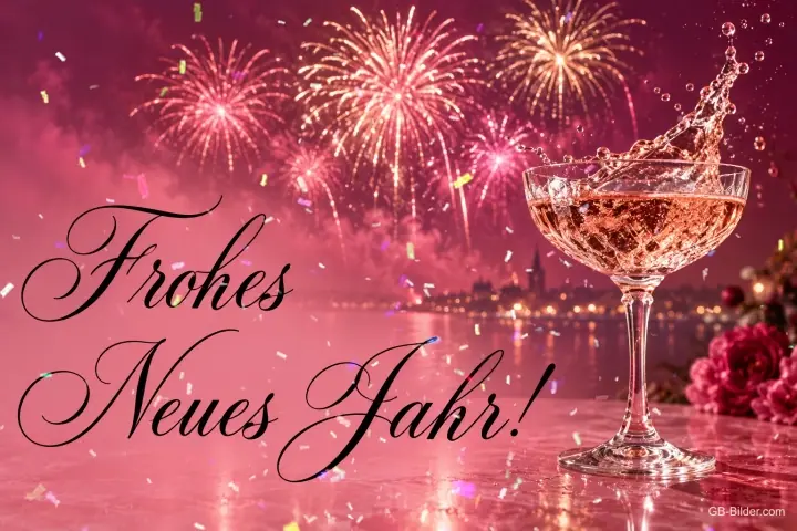 Sektschale vor rosa Feuerwerk über einer Stadt, Text: Frohes – Neues Jahr! Sektschale vor rosa Feuerwerk über einer Stadt, Text: Frohes – Neues Jahr!