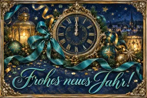 Uhr kurz vor Mitternacht mit Schleifen und Laternen, Text: Frohes – neues Jahr!