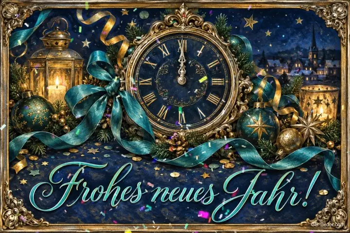 Uhr kurz vor Mitternacht mit Schleifen und Laternen, Text: Frohes – neues Jahr! Uhr kurz vor Mitternacht mit Schleifen und Laternen, Text: Frohes – neues Jahr!