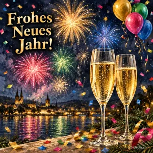 Zwei Sektgläser vor Feuerwerk über einer Stadt am Fluss, Luftballons, Text: Frohes – Neues Jahr!