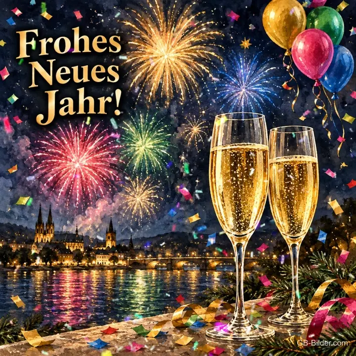Zwei Sektgläser vor Feuerwerk über einer Stadt am Fluss, Luftballons, Text: Frohes – Neues Jahr! Zwei Sektgläser vor Feuerwerk über einer Stadt am Fluss, Luftballons, Text: Frohes – Neues Jahr!