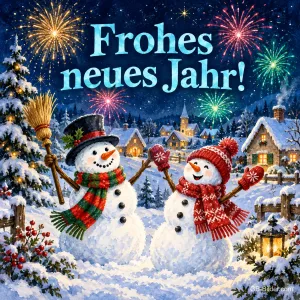 Zwei Schneemänner jubeln vor Feuerwerk über einem Dorf, Text: Frohes – neues Jahr!