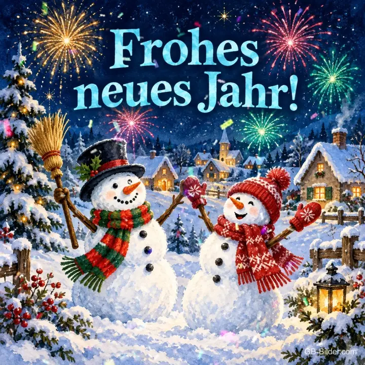 Zwei Schneemänner jubeln vor Feuerwerk über einem Dorf, Text: Frohes – neues Jahr! Zwei Schneemänner jubeln vor Feuerwerk über einem Dorf, Text: Frohes – neues Jahr!