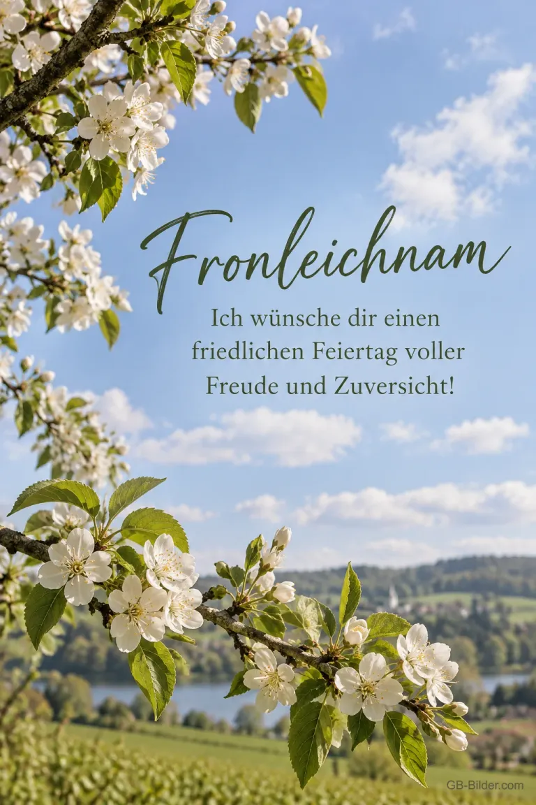Apfelblüten über einer Frühlingslandschaft, Text: Fronleichnam – Ich wünsche dir einen friedlichen Feiertag