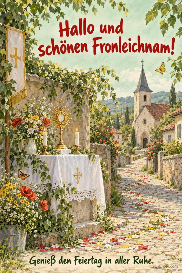Geschmückter Altar am Blütenweg zur Kirche, Text: Hallo und schönen Fronleichnam!