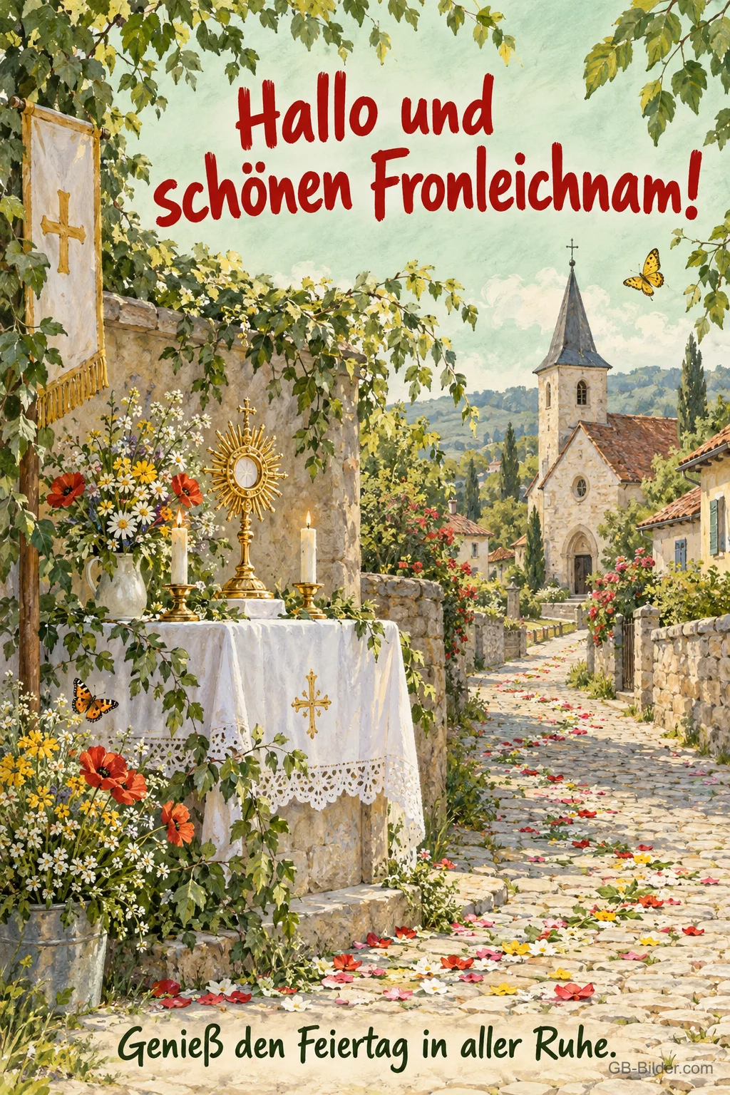 Geschmückter Altar am Blütenweg zur Kirche, Text: Hallo und schönen Fronleichnam! Geschmückter Altar am Blütenweg zur Kirche, Text: Hallo und schönen Fronleichnam!