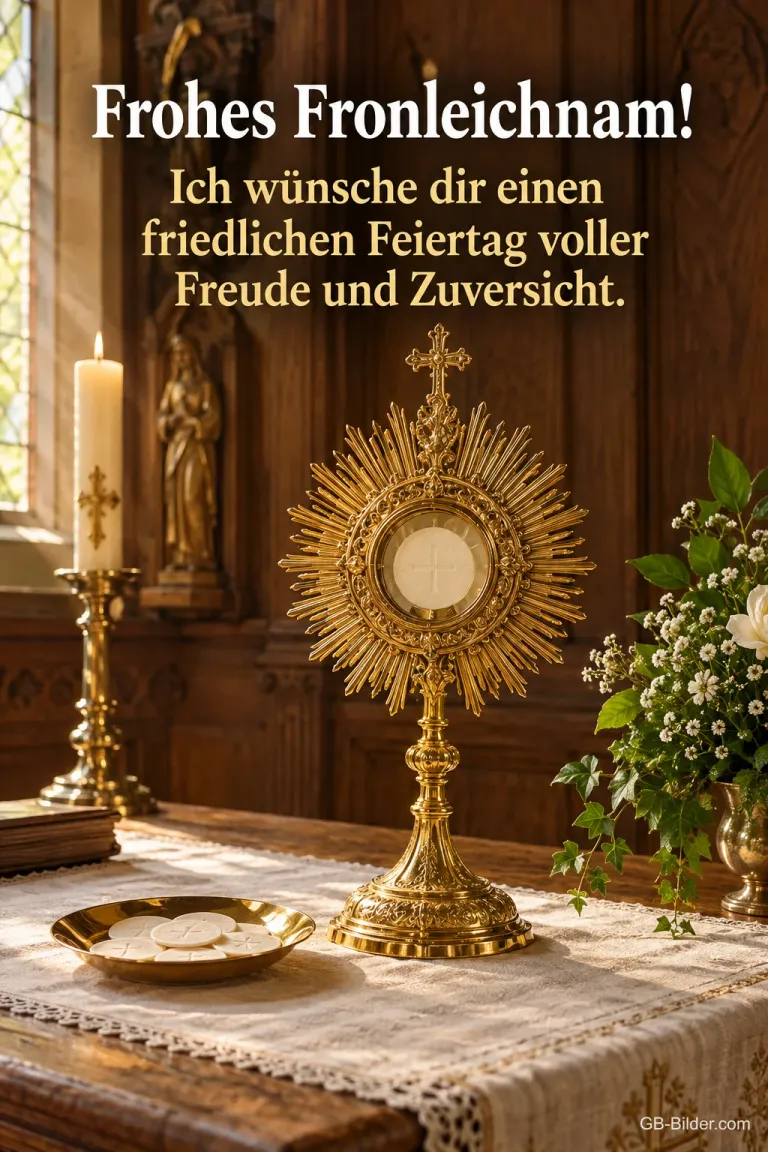 Goldene Monstranz auf dem Altar, Text: Frohes Fronleichnam!