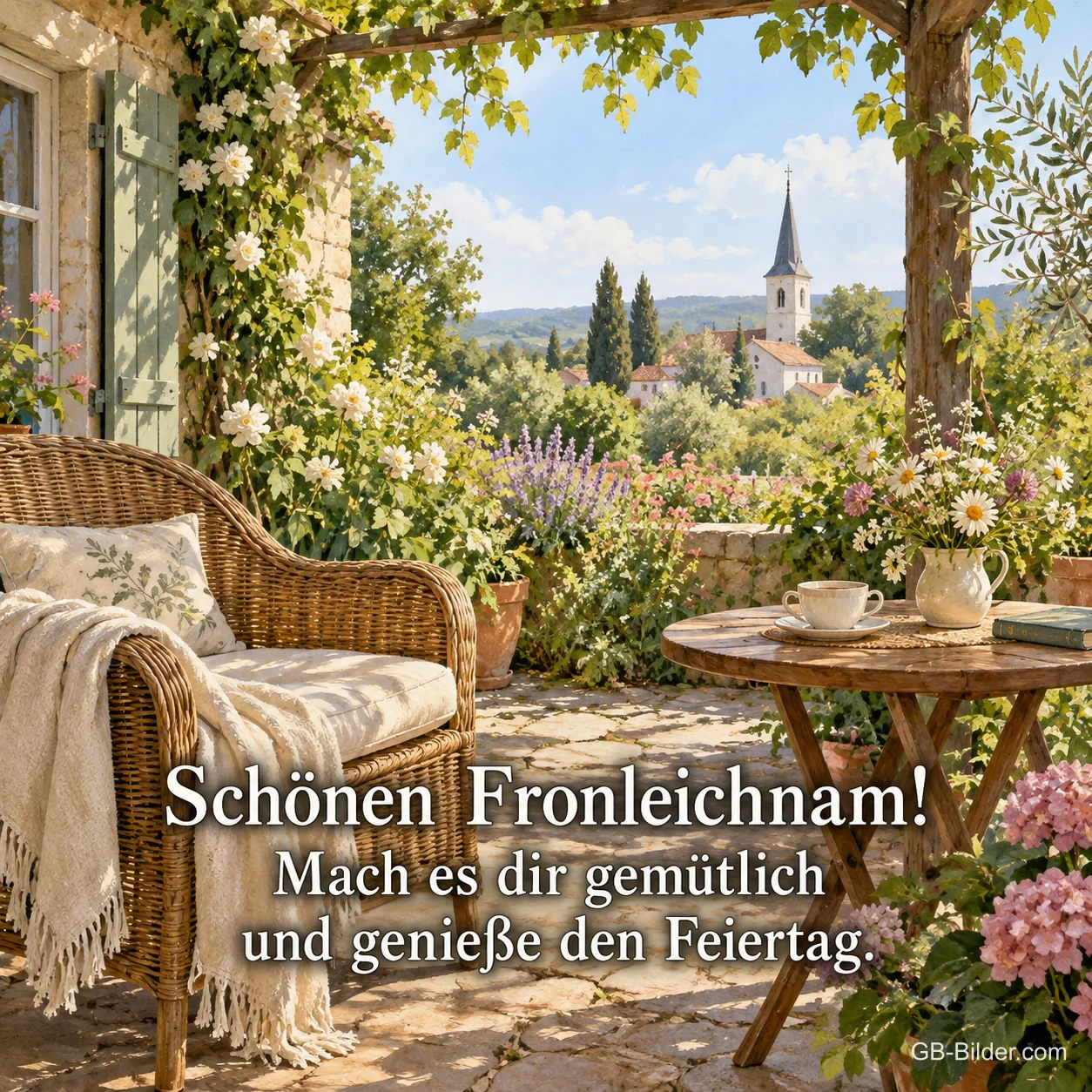 Korbsessel auf einer Terrasse mit Blick aufs Dorf, Text: Schönen Fronleichnam! Korbsessel auf einer Terrasse mit Blick aufs Dorf, Text: Schönen Fronleichnam!