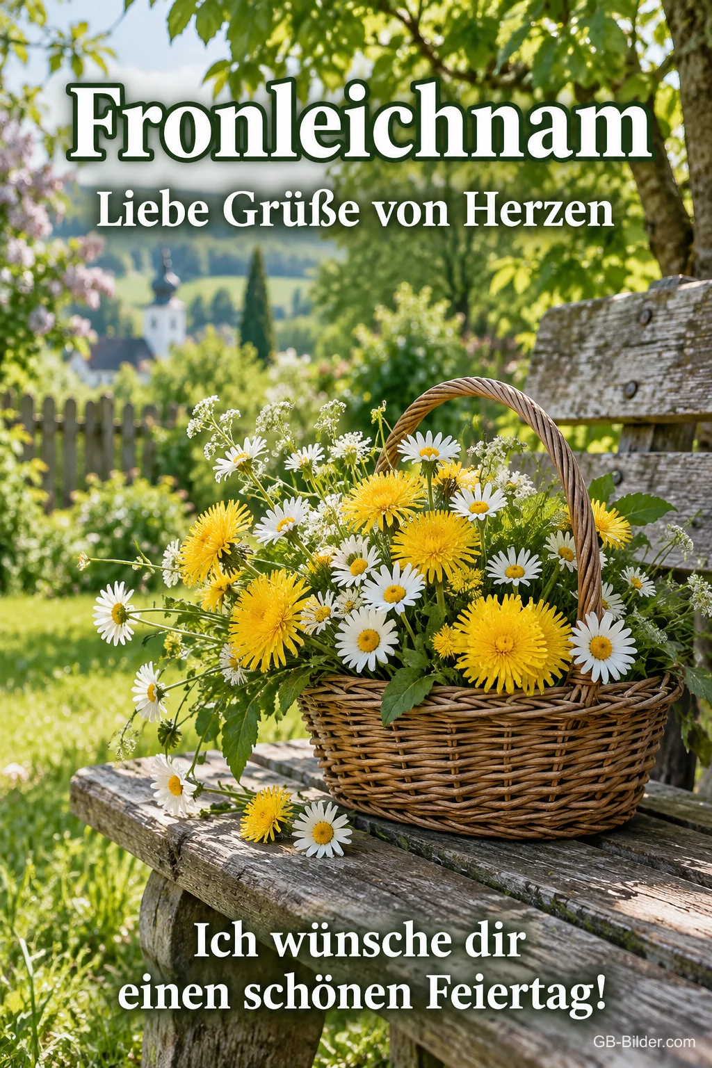 Blumenkorb auf einer Gartenbank, Text: Fronleichnam – Liebe Grüße von Herzen Blumenkorb auf einer Gartenbank, Text: Fronleichnam – Liebe Grüße von Herzen