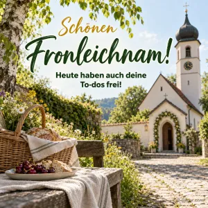 Picknickkorb vor einer Dorfkirche, Text: Schönen Fronleichnam! Heute haben auch deine To-dos frei!