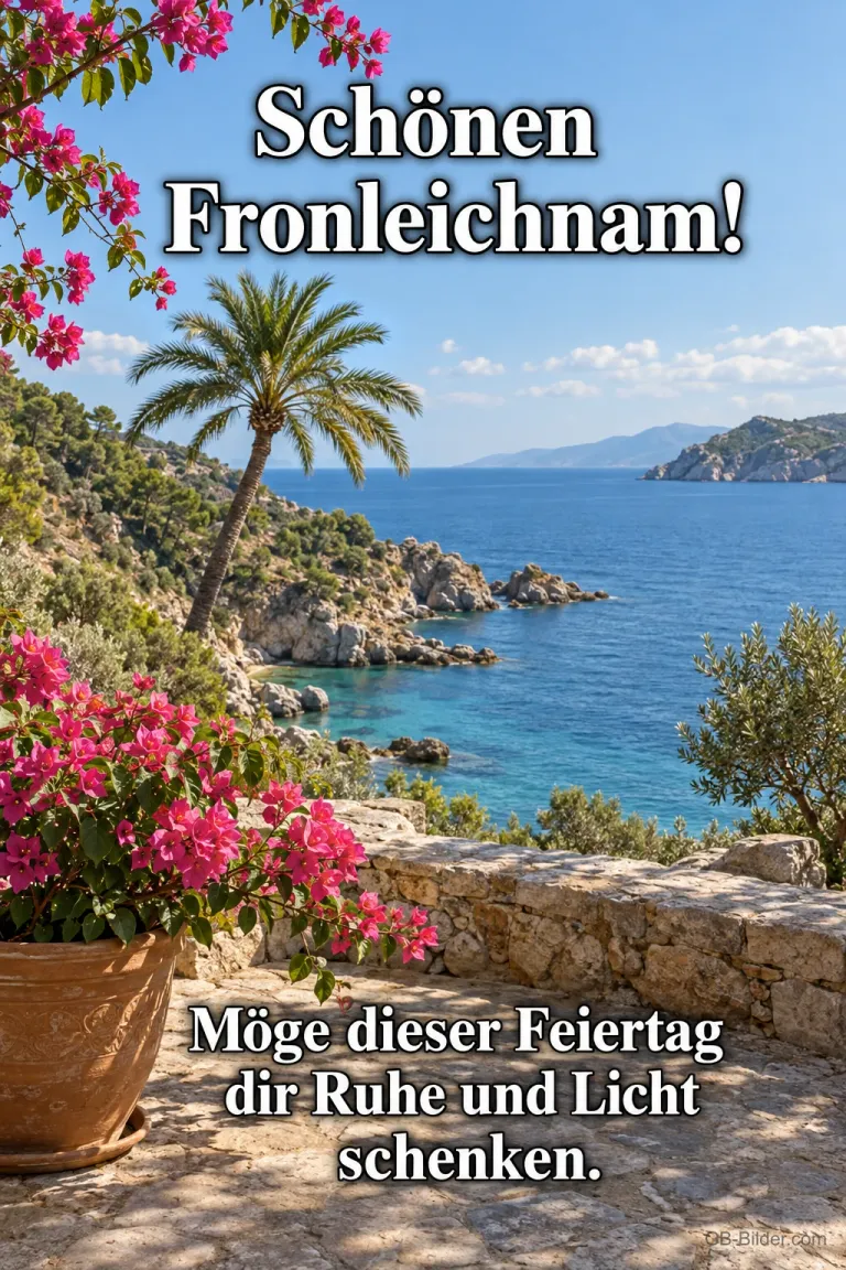 Bougainvillea über einer Meeresbucht, Text: Schönen Fronleichnam!