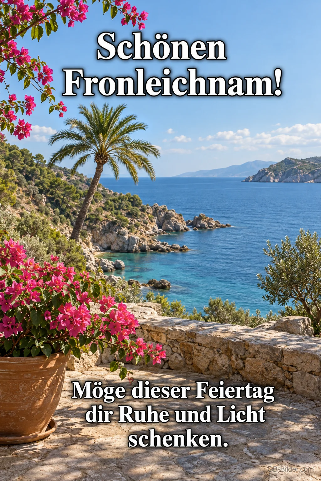 Bougainvillea über einer Meeresbucht, Text: Schönen Fronleichnam! Bougainvillea über einer Meeresbucht, Text: Schönen Fronleichnam!