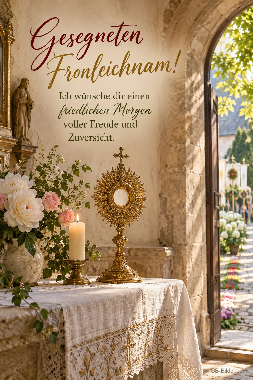 Monstranz und Kerze in einer Kapelle, Text: Gesegneten Fronleichnam! Monstranz und Kerze in einer Kapelle, Text: Gesegneten Fronleichnam!