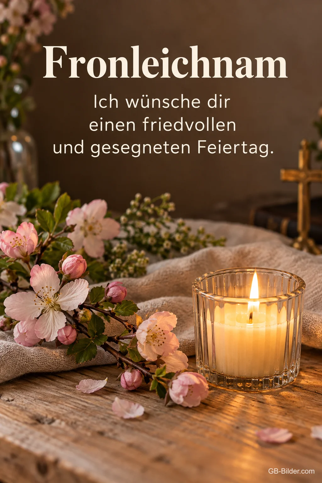 Windlicht mit Kirschblüten, Text: Fronleichnam – einen friedvollen und gesegneten Feiertag Windlicht mit Kirschblüten, Text: Fronleichnam – einen friedvollen und gesegneten Feiertag
