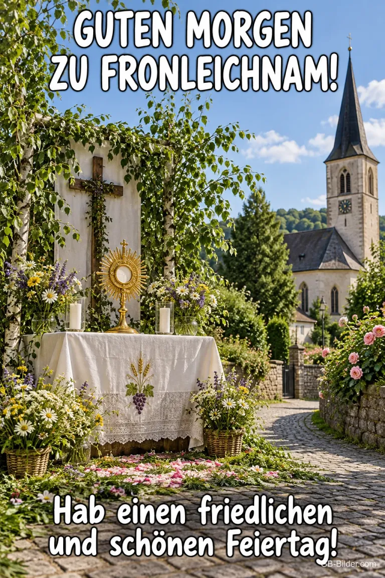 Altar mit Kreuz an einer Dorfstraße, Text: Guten Morgen zu Fronleichnam!
