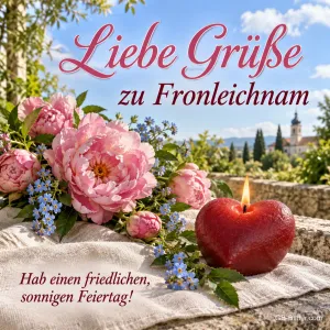 Pfingstrosen und Herzkerze, Text: Liebe Grüße zu Fronleichnam