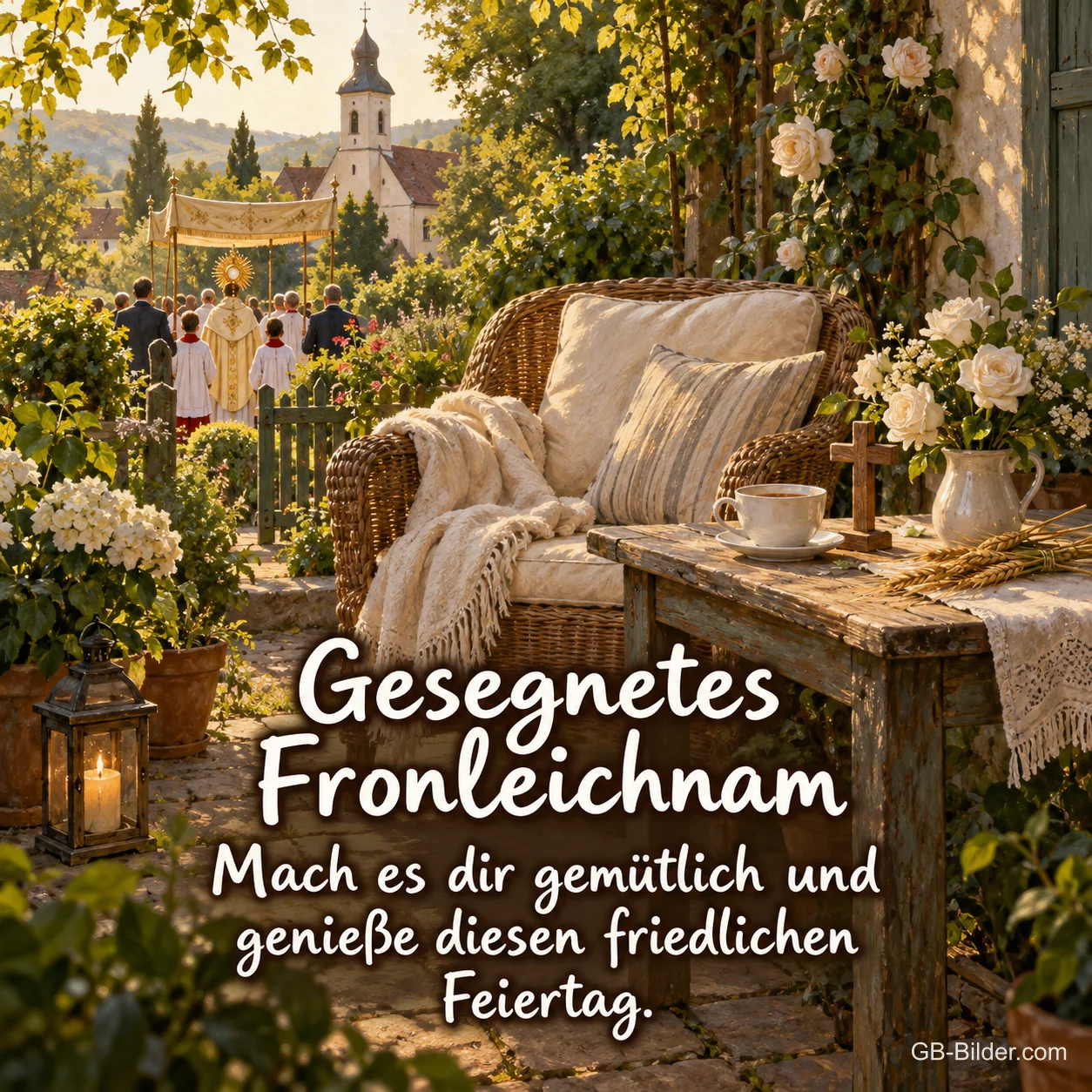 Korbsessel im Garten mit Prozession, Text: Gesegnetes Fronleichnam Korbsessel im Garten mit Prozession, Text: Gesegnetes Fronleichnam