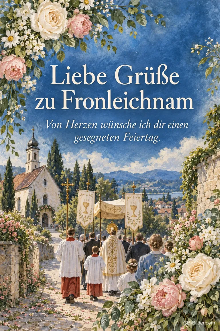 Fronleichnamsprozession auf einer Dorfstraße, Text: Liebe Grüße zu Fronleichnam