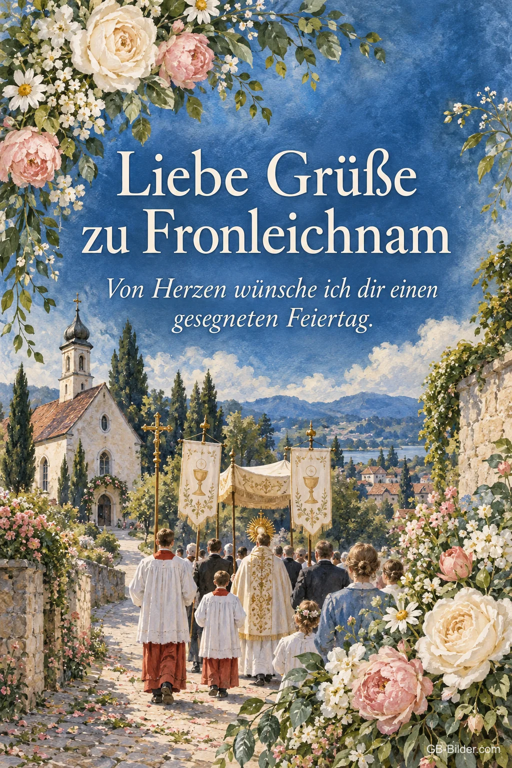 Fronleichnamsprozession auf einer Dorfstraße, Text: Liebe Grüße zu Fronleichnam Fronleichnamsprozession auf einer Dorfstraße, Text: Liebe Grüße zu Fronleichnam