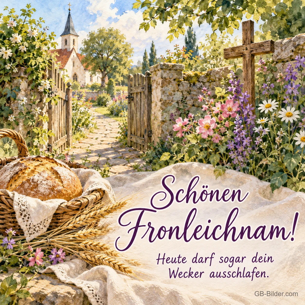Brotkorb an einem Gartenweg zur Kirche, Text: Schönen Fronleichnam! Heute darf sogar dein Wecker ausschlafen. Brotkorb an einem Gartenweg zur Kirche, Text: Schönen Fronleichnam! Heute darf sogar dein Wecker ausschlafen.