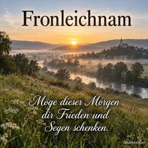 Sonnenaufgang über einem Flusstal mit Kirche, Text: Fronleichnam – Möge dieser Morgen dir Frieden und Segen schenken.