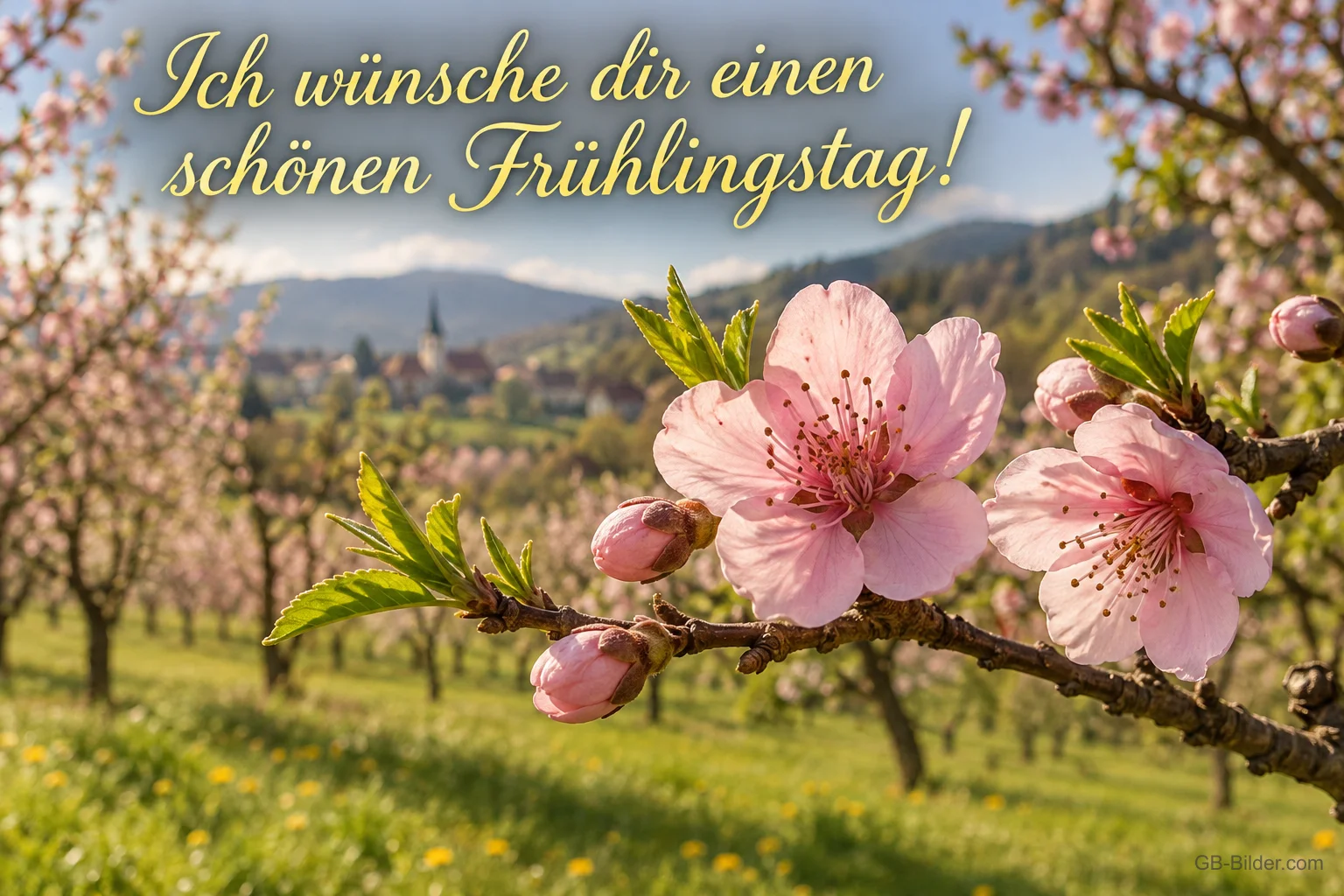 Pfirsichblüten vor einer blühenden Obstwiese, Text: Ich wünsche dir einen – schönen Frühlingstag!