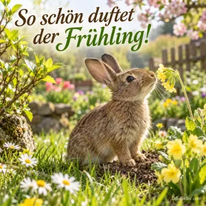 Hase schnuppert an Schlüsselblumen im Garten, Text: So schön duftet der Frühling!