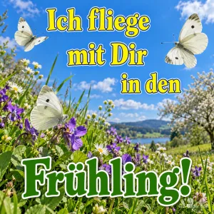 Weiße Schmetterlinge über einer Frühlingswiese, Text: Ich fliege mit dir in den – Frühling!