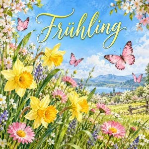 Narzissen und rosa Schmetterlinge auf einer Frühlingswiese, Text: Frühling