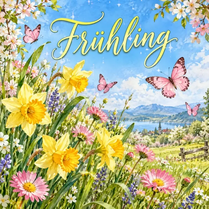 Narzissen und rosa Schmetterlinge auf einer Frühlingswiese, Text: Frühling