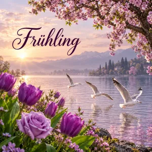 Lila Tulpen und Möwen am See unter Kirschblüten, Text: Frühling
