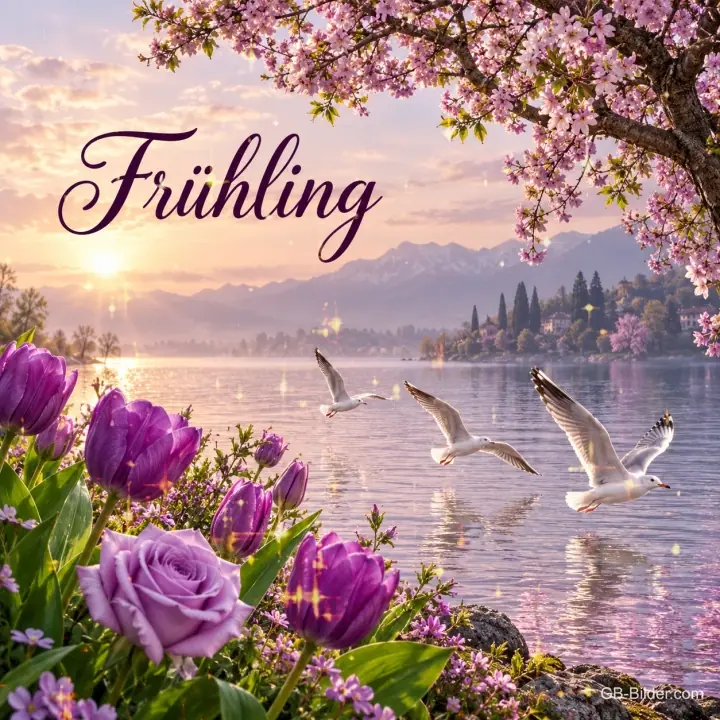 Lila Tulpen und Möwen am See unter Kirschblüten, Text: Frühling