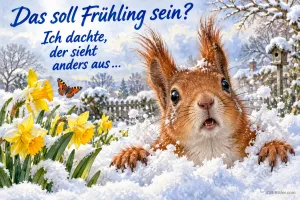 Erschrockenes Eichhörnchen schaut aus dem Schnee neben Osterglocken, Text: Das soll Frühling sein? Ich dachte, der sieht anders aus …