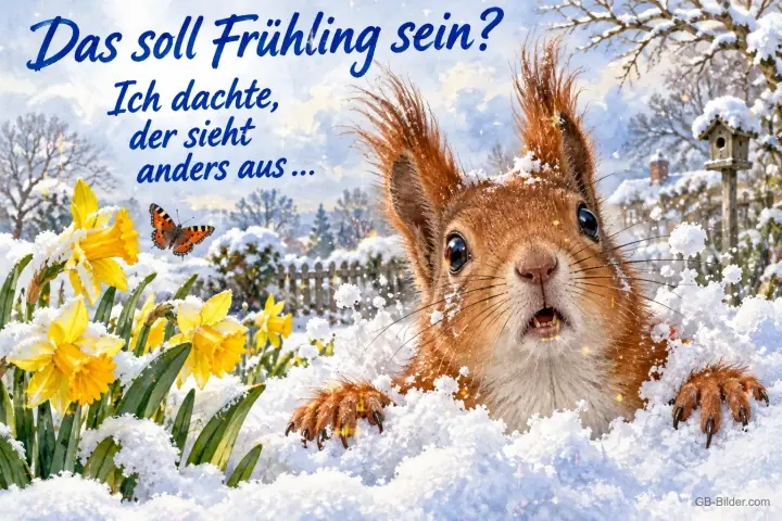 Erschrockenes Eichhörnchen schaut aus dem Schnee neben Osterglocken, Text: Das soll Frühling sein? Ich dachte, der sieht anders aus …