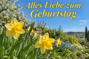 Gelbe Osterglocken in einem Frühlingsgarten, Text: Alles Liebe zum Geburtstag