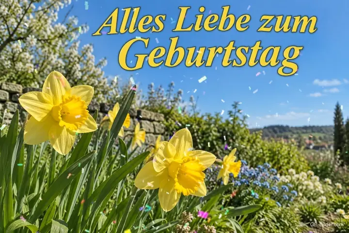 Gelbe Osterglocken in einem Frühlingsgarten, Text: Alles Liebe zum Geburtstag Gelbe Osterglocken in einem Frühlingsgarten, Text: Alles Liebe zum Geburtstag